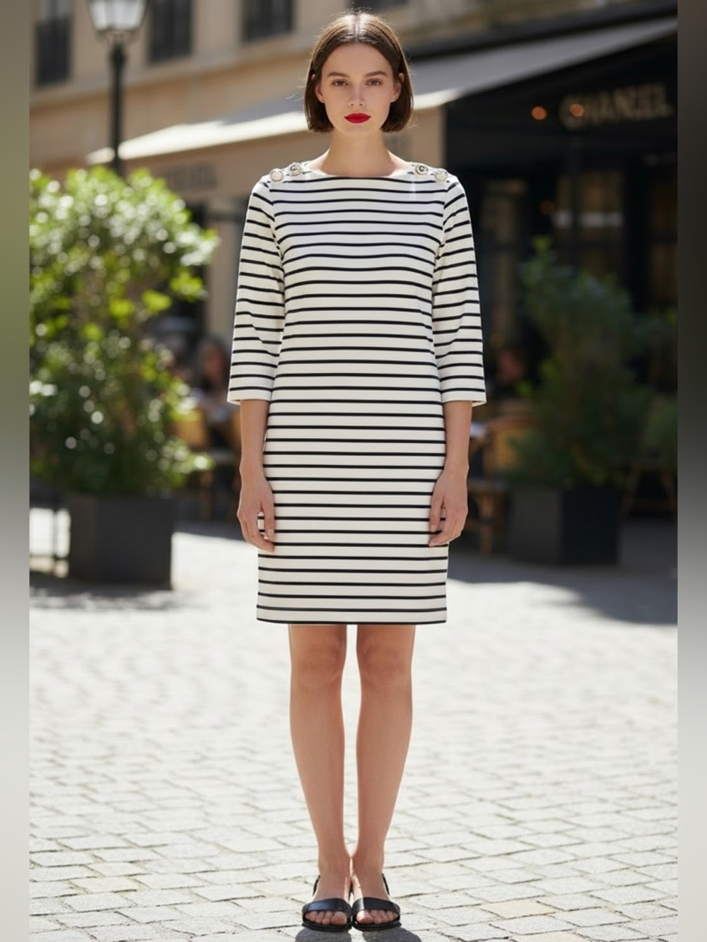 CHANEL 2017 P Striped Midi Dress with Shoulder Buttons